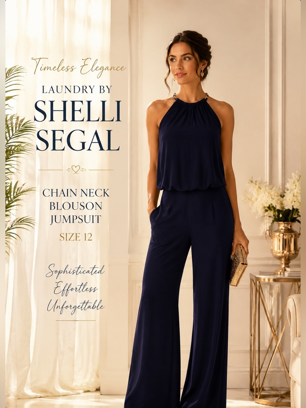 Elegant Navy Chain Neck Jumpsuit | Quiet Luxury Cocktail Evening Wedding Guest